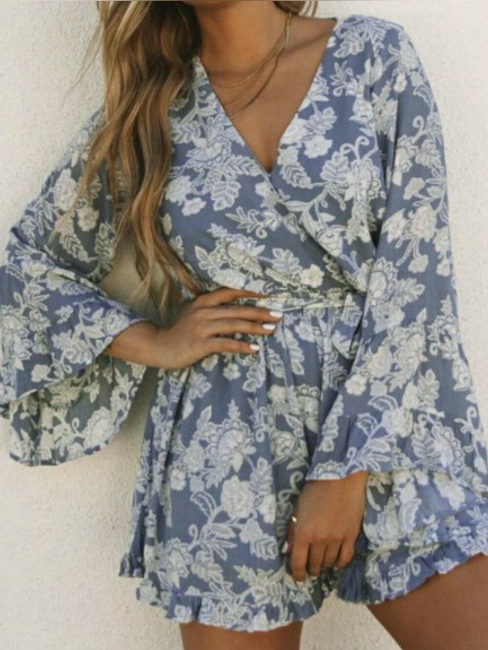 VICI COLLECTION DUSTY BLUE FLORAL POCKETED ROMPER